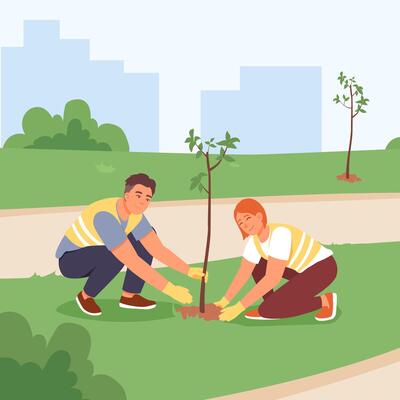 Male and woman planting tree. Help and care of environment