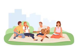 Young man plays guitar, singing with friends outside. Summer leisure in park vector