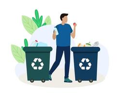 Male holding plastic bottle and organic waste, standing near containers vector