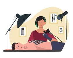 Client lying on couch, tattoo artist making tattoo on back. Tattoo artists work process vector