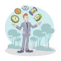 Man standing in park and juggling clock outside. Time management concept vector