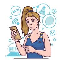 Young female looking for sports equipment for tennis. Bayer ordering goods via smartphone vector