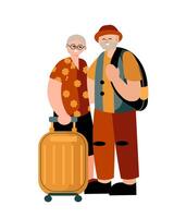 Adult couple with trolley bag waiting for transport. Adult people resting on summer vacations vector