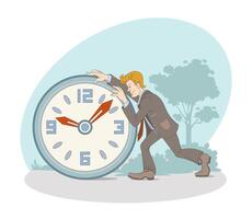 Young male pushes the clock forward. Effective work scheduling, multitasking vector