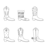 Set of retro cowboy shoes with traditional pattern, fringe, spur. Vector boots with hand drawn outline in cowboy and western style. Simple funny wild west shoes with ornament for print, design.