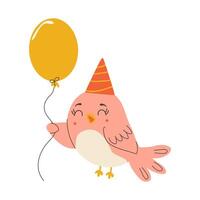 A cheerful bird is holding a balloon. Cute holiday cartoon character in simple children's hand drawn style. Vector isolate in pastel vintage palette on white background