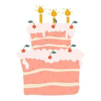 Festive two-tier cake with cream and cherries. Cute vector illustration in a simple modern hand drawn style. Pastel palette. Isolate on white background