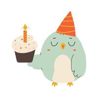 The bird is a piece of birthday cake in a package. Cute holiday cartoon character in simple children's hand drawn style. Vector isolate in pastel vintage palette on white background