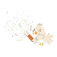 Bird with a festive firecracker. Cute holiday cartoon character in simple children's hand drawn style. Vector isolate in pastel vintage palette on white background