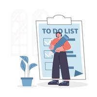 Female holding pencil and check to-do list. Wise timing concept vector