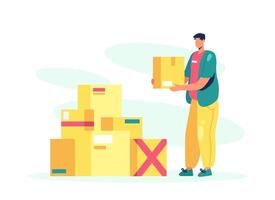 Deliveryman stacks boxes. Male in uniform working in delivery company vector