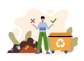 Young male standing and showing benefits and consequences of waste sorting vector