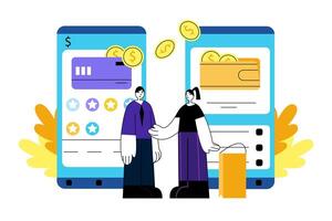 Male and woman sending money through online wallet. Concept of secure mobile banking services vector