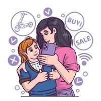 Woman hugging daughter and buying kick scooter via smartphone vector
