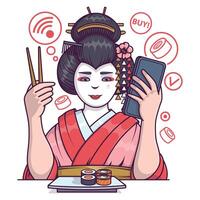 geisha personaje espectáculo solicitud para entrega de rollos y Sushi en dispositivos vector