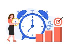 Lady holding clock and checking time. Time management. Timely performance of tasks vector