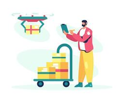 Adult man holding clipboard, standing near cart with parcels. Concept of delivery by drone vector