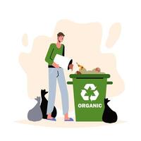 Adult man holding bucket and sorting organic garbage. Recycling of different products vector