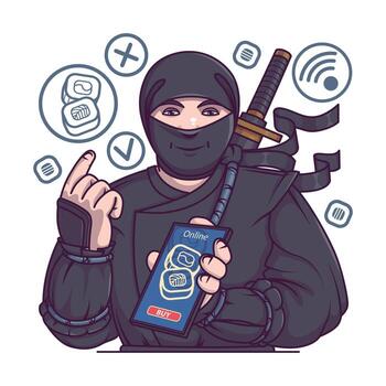 Samurai characters show application for delivery of rolls and sushi on devices vector