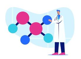 Laboratory assistant holding molecule symbol. Production of substances in clinic vector