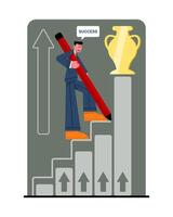 Worker rising upstairs to goblet. Concept of successful worker achieve goals by passing all stages vector