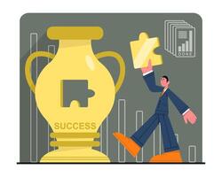 Young man holding puzzle piece from goblet. Concept of deadlines, successful worker achieve goals vector