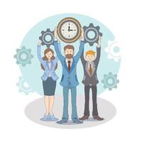 Workers holding clock and mechanism, ready to work. Business time organization and management vector