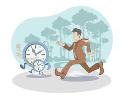 Man in office clock running after clock in park. Business time organization and management concept vector