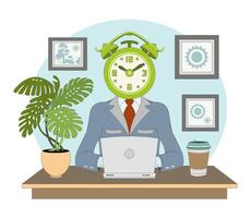 Cartoon worker with clock head working on laptop in office. Effective work scheduling vector