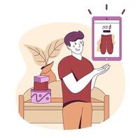 Joyous young man purchasing clothes from online store website. Internet shopping vector