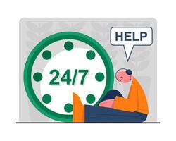 Man with headphones sitting near big clock and sleep. Customer service vector