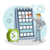 Man standing near clock and calendar and making notes. Effective work scheduling vector