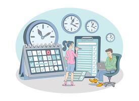 Time management illustration with lady working in office, organizing schedule plan vector