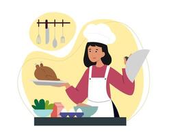 Chef in white apron holding chicken and ready to cook it vector