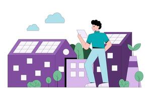 Male holding document and controlling process of installing solar panels and wind turbines vector