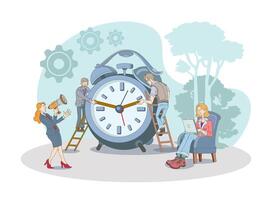 Workers managing time, lady working in park. Time organization and management concept vector