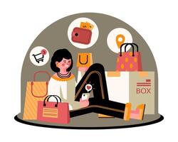 mujer participación teléfono inteligente, sentado cerca compras bolsas. comprador involucrado en virtual compras vector