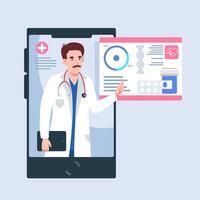 Doctor giving virtual presentation with diagram and charts vector