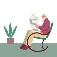 Male sitting on rocking chair and reading newspaper. Elderly, senior human spending time at home vector