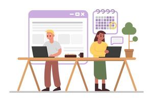 Woman and man standing near table and working on laptops. Time management and work organize vector