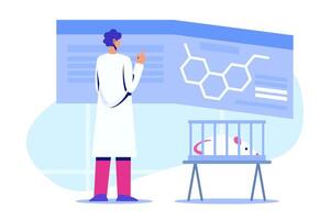 Laboratory assistant in white coat studying results of research on stand, looking at diagrams vector