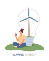 Female sitting near windmill and holding smartphone. Concept of rational use of natural energy vector