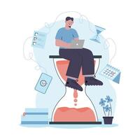 Man with laptop sitting on hourglass and working. Wise timing concept vector