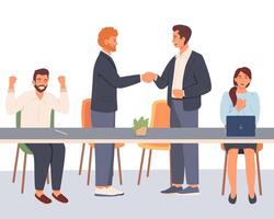 Colleagues shaking hands near table, assistants rejoices. Successful conclusion of contract, win vector