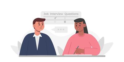 American HR asking job interview questions to male. Dialogue with recruiter vector