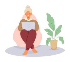Old lady using laptop, watching movies and resting. Modern senior woman working on computer vector