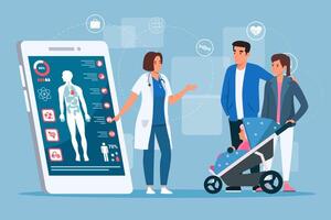 Modern young family with baby choosing doctor online. Healthcare needs of all age groups vector