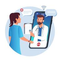 Doctor talking to female via smartphone. Online medical advice vector