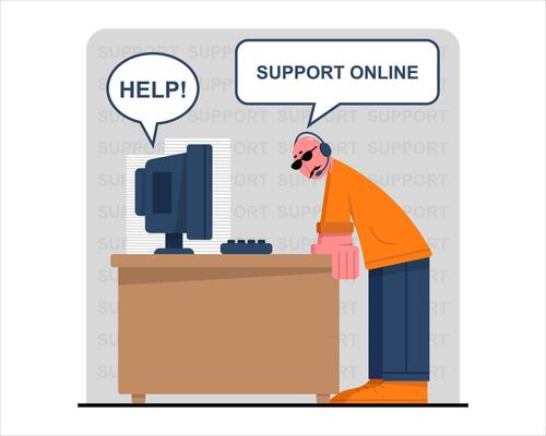 Adult male worker standing near computer and helping customer