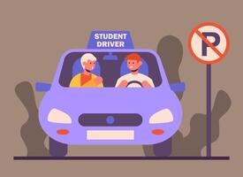 Student drives car under supervision of instructor. Passing driving test concept vector